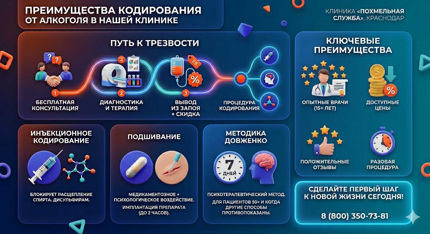 Инфографика о методах кодирования от алкоголя в Раменском: инъекции, подшивание, метод Довженко. Преимущества клиники и этапы лечения.